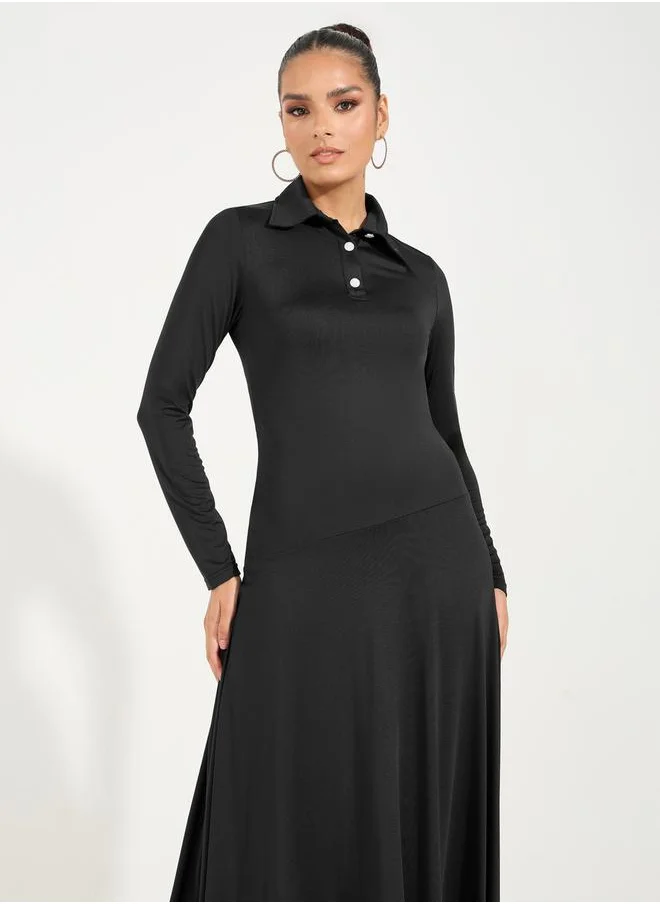 Styli Solid Asymmetrical Hem Shirt Maxi Dress