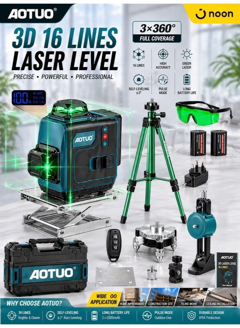 AOTUO 16 Line Laser Level 4x360° Self-Leveling Green Laser Level with Tripod, 4D Green Crosshairs for Construction and Picture Hanging, Laser Measuring Tool with 2 Rechargeable Batteries and Tool Bag - Image 1