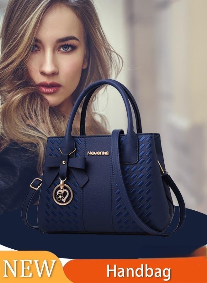 Women's Elegant Handbag, PU Leather Shoulder Bag,  Top Handle Satchel Shoulder Ladies Bags, Color Contrast Crossbody Bag with Pendant, Blue  - Image 1