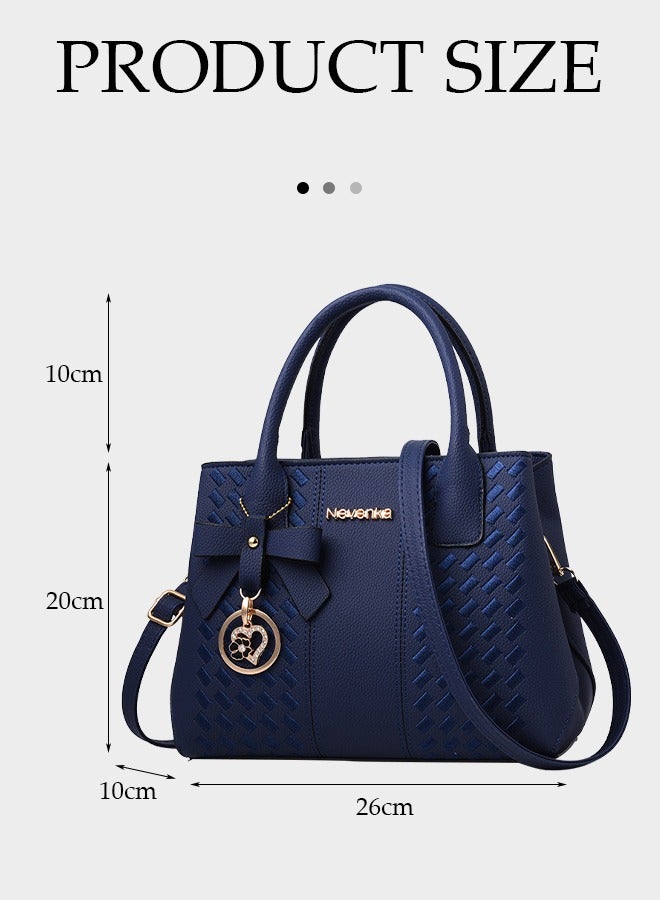 Women's Elegant Handbag, PU Leather Shoulder Bag,  Top Handle Satchel Shoulder Ladies Bags, Color Contrast Crossbody Bag with Pendant, Blue  - Image 3