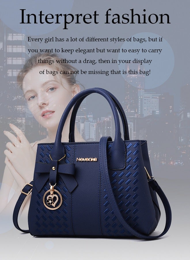 Women's Elegant Handbag, PU Leather Shoulder Bag,  Top Handle Satchel Shoulder Ladies Bags, Color Contrast Crossbody Bag with Pendant, Blue  - Image 2