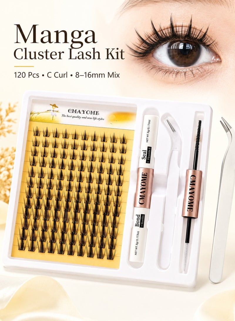 CMAYOME Manga Cluster Lash Kit, 120 Pcs C Curl Individual Lash Clusters 8-16mm Mix, Temporary DIY At Home Lash Extension Set, Precision Tweezers, Slight Glossy Reusable Fake Eyelashes for Daily Wedding Eid - Image 1