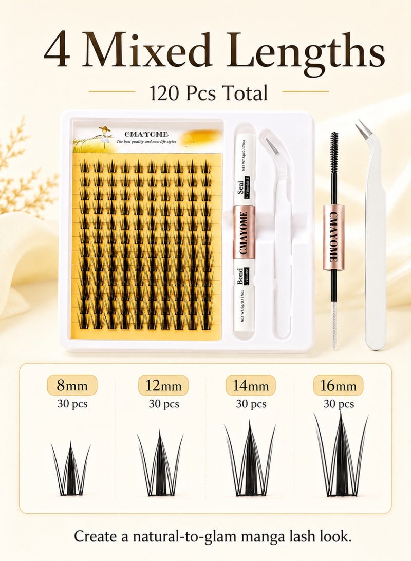CMAYOME Manga Cluster Lash Kit, 120 Pcs C Curl Individual Lash Clusters 8-16mm Mix, Temporary DIY At Home Lash Extension Set, Precision Tweezers, Slight Glossy Reusable Fake Eyelashes for Daily Wedding Eid - Image 5