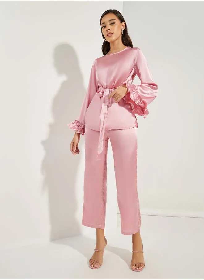 ستايلي Styli Solid Dressy Ruffled Sleeves Top and Pants Co-Ords