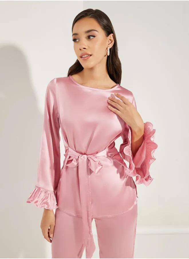 ستايلي Styli Solid Dressy Ruffled Sleeves Top and Pants Co-Ords
