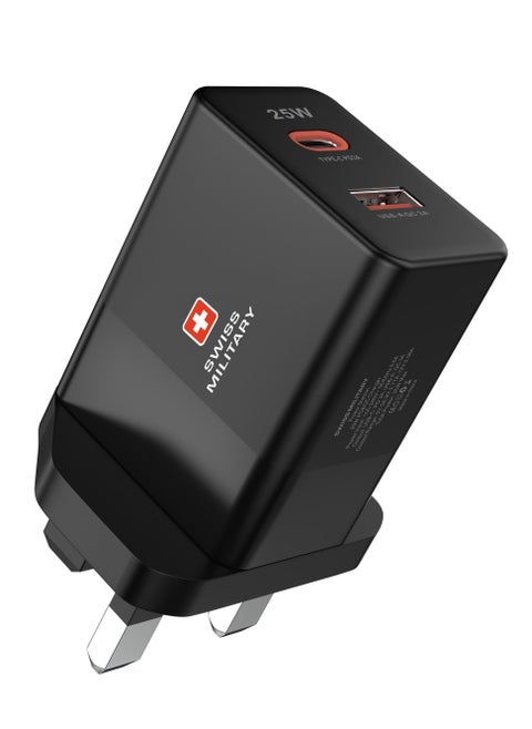 25W USB C PD Fast Charger, Dual Port Type-C QC3.0 Wall Adapter UK Plug, compatible with iPhone iPhone 14, 14 Pro/Pro Max /13/12 /12 Mini/12 Pro Max, Galaxy -Black