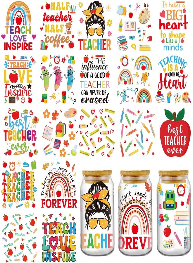 AFRITEE UV DTF Cup Wrap Stickers - 20 Sheets Teacher Appreciation UV DTF Cup Wraps for 16 20 40 oz Glass Water Bottle, Inspirational Book Thank You Teacher Gift Uvdtf Transfer Stickers for Coffee Mugs - Image 1