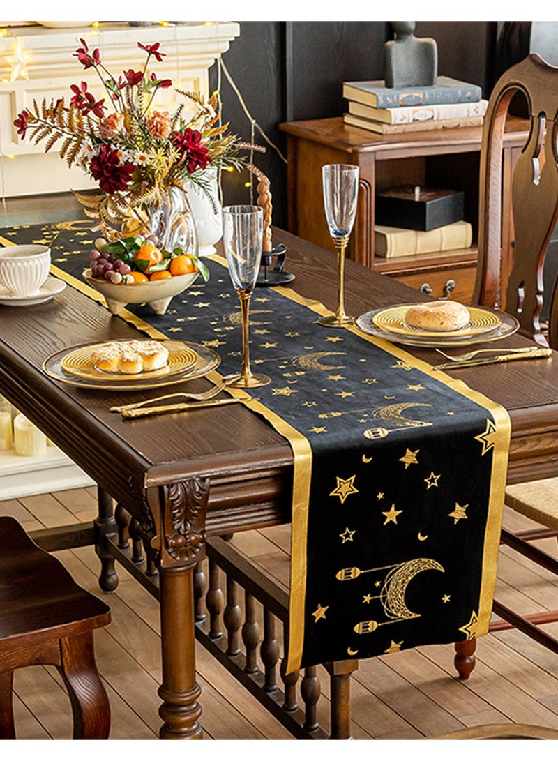 HomeNoor Black Ramadan Eid Table Runner, Gold Moon Star Foil Print, Luxury Modern Home Decor for Festival Banquet Wedding Daily Use, 33×180CM - Image 1