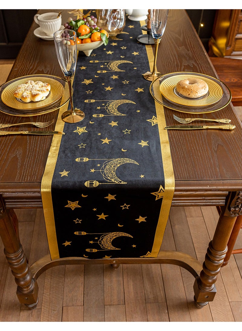 HomeNoor Black Ramadan Eid Table Runner, Gold Moon Star Foil Print, Luxury Modern Home Decor for Festival Banquet Wedding Daily Use, 33×180CM - Image 2