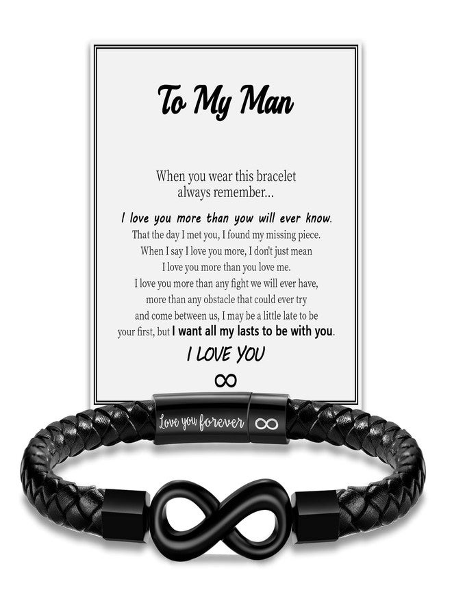 Sistble Valentines Day Gifts for Him, Man Gifts, To My Man Bracelet Gift Mens Leather Bracelet I Love You Gift for Him Cool Infinity Bracelets Black Knot Cuff Birthday Retirement Gift for Men Jewelry - Image 1