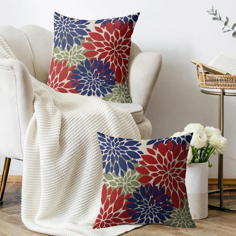 Smozenith Smozenith 4th of July Pillow Covers 20X20 Inch Set of 2  Patriotic Red Blue Green Dahlia Floral Print Holiday Decorative Throw Pillow Covers Outdoor Farmhouse Cushion Case for Couch Sofa Bed Decor  - Image 3