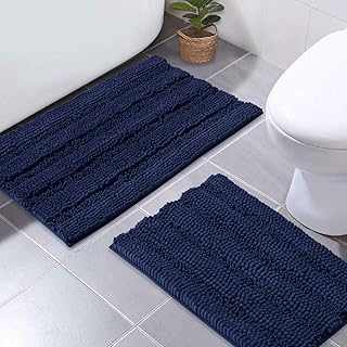 NICETOWN NICETOWN Navy Blue Bathroom Rugs, Ultra Thick and Soft Texture Chenille Plush Floor Mats Hand-Tufted Bath Rug with - Image 1