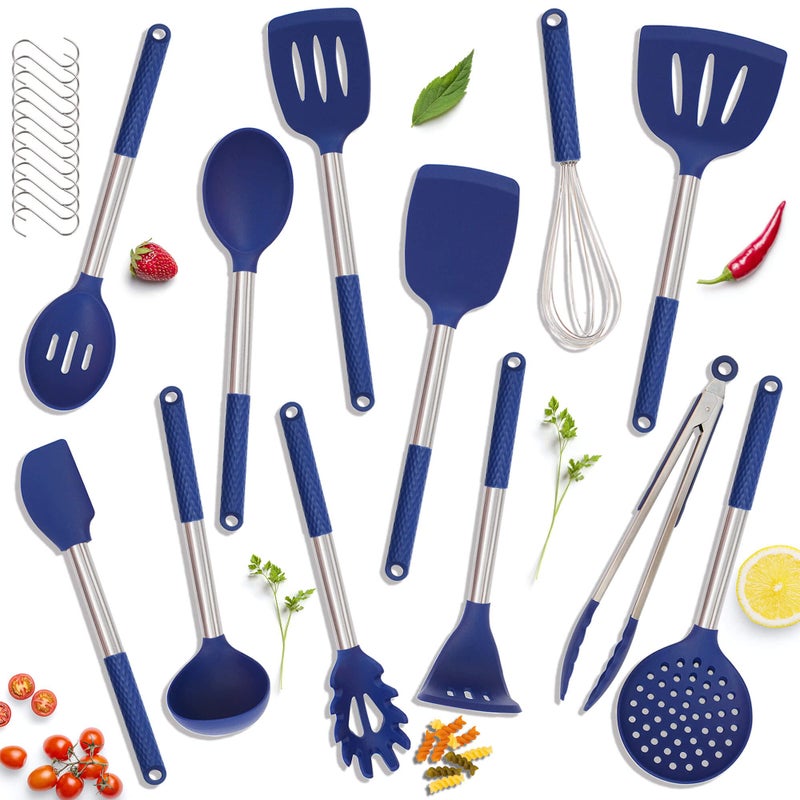 Kaiihome Silicone Kitchen Utensils Set  12 Pieces Cooking Utensils NonStick Heat Resistance Silicon with Stainless Steel Handle  Blue