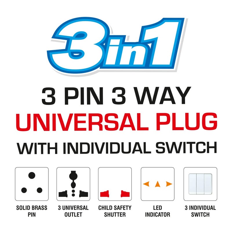 MX 3 Pin Multi Plug Adapter with Universal Sockets, Individual Power Switches, Safety Shutters & LED Indicators | 5A-250V 3-Way Extension Socket for Home, Office & Travel Use - Image 5