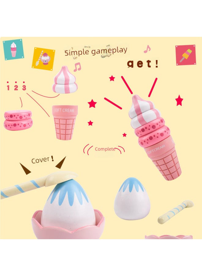 Wooden Kitchen Toy Set For Children Ice Cream Strawberry Sundae Dessert Pretend Play Educational Wooden Toys For Boys And Girls-Color:Sundae Ice Cream (strawberry Flavor) - Image 3