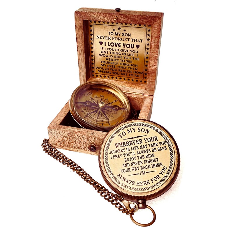 ALADEAN Gift for Son from Mom Dad Engraved Compass 2 Father to Son Gifts Mom to Son Gifts for Graduation Birthday Baptism Confirmation Communion Son I Love You - Image 2