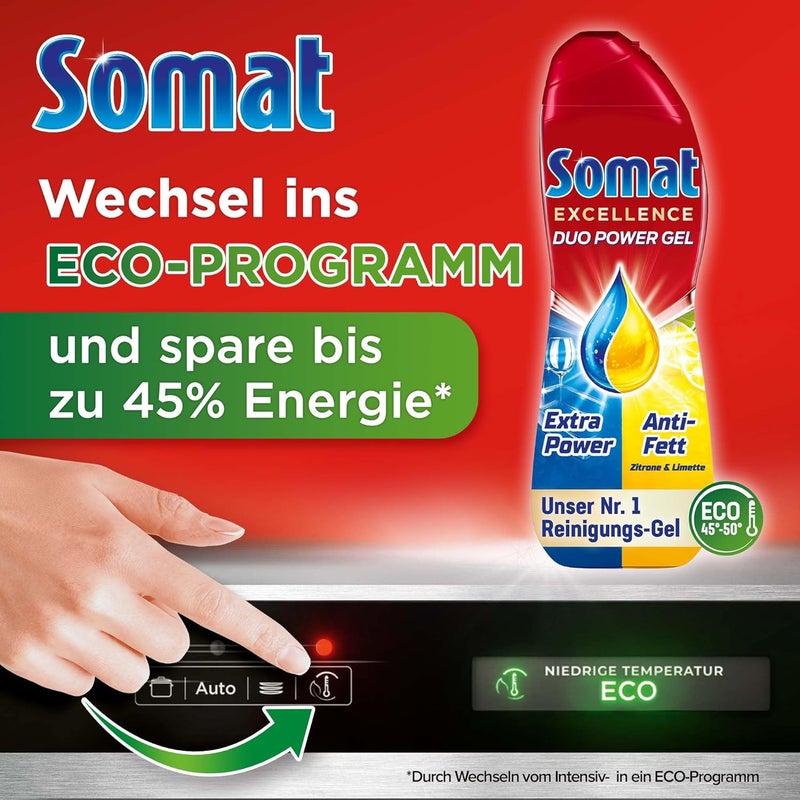 Somat Excellence Duo Power Gel (58 Washes) Dishwasher Detergent for Radiantly Clean Dishes, Also in the Eco Program & at Low Temperatures, Lemon & Lime - Image 4