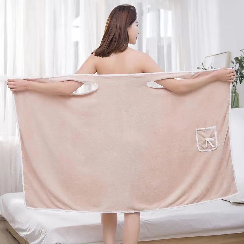 Coral Fleece Bath Dress Soft Thickened Absorbent Cute Bow Pocket Wearing Bath Towel Sling Bath Dress - Image 4