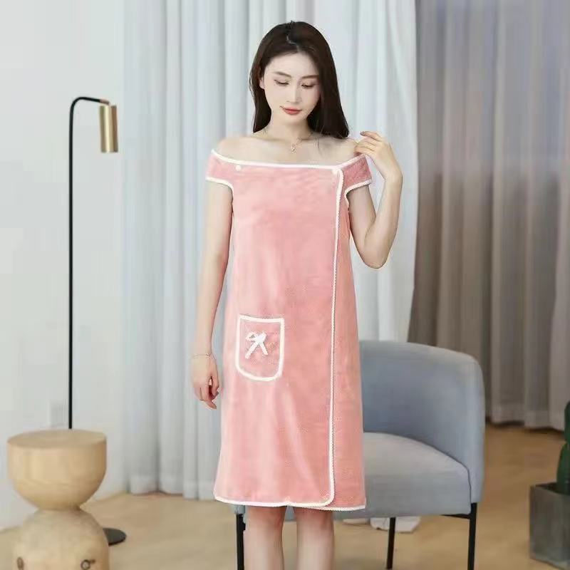 Coral Fleece Bath Dress Soft Thickened Absorbent Cute Bow Pocket Wearing Bath Towel Sling Bath Dress - Image 3