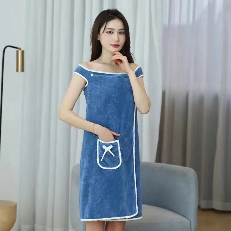 Coral Fleece Bath Dress Soft Thickened Absorbent Cute Bow Pocket Wearing Bath Towel Sling Bath Dress - Image 2