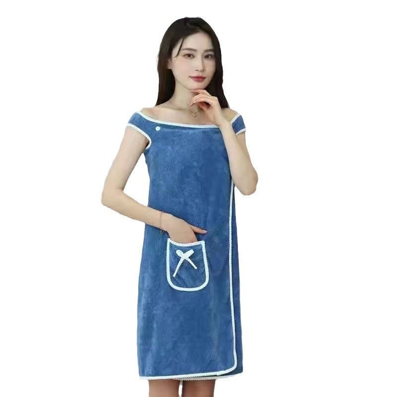Coral Fleece Bath Dress Soft Thickened Absorbent Cute Bow Pocket Wearing Bath Towel Sling Bath Dress - Image 5