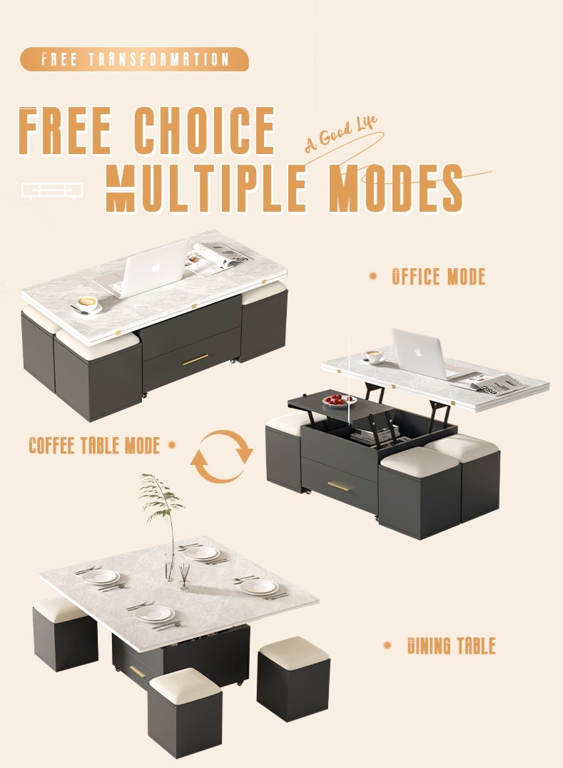 Zeno Lift-Top Coffee Table with 4 Stools,Modern Space Saving Center Table, Multi-Functional Adjustable Coffee Table with Hidden Storage Compartment - Image 2