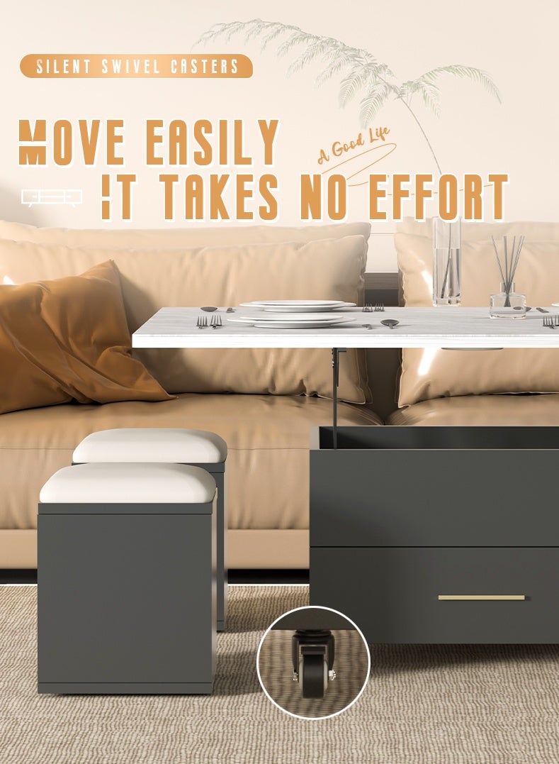 Zeno Lift-Top Coffee Table with 4 Stools,Modern Space Saving Center Table, Multi-Functional Adjustable Coffee Table with Hidden Storage Compartment - Image 4
