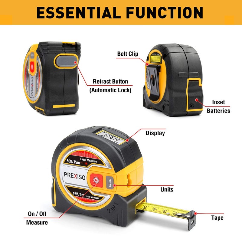 Prexiso PREXISO Laser Tape Measure 2in1 Laser Measure 50 Ft Tape Measure 16 Ft with LCD Digital Display Nylon Coating for DIY  - Image 3