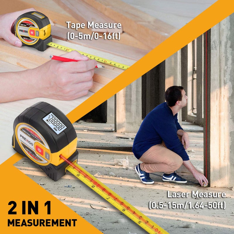 Prexiso PREXISO Laser Tape Measure 2in1 Laser Measure 50 Ft Tape Measure 16 Ft with LCD Digital Display Nylon Coating for DIY  - Image 4