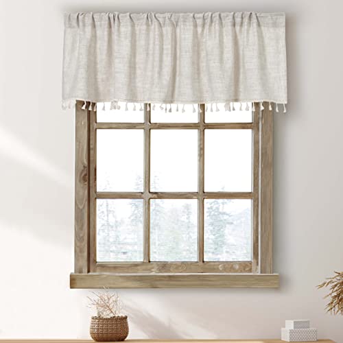 Oindec 2 Pack Boho Tassel Kitchen Valances for Windows Modern Farmhouse Cotton Linen Valance Curtains Topper Country Rustic Bathroom Small Window Treatment Bohemian Decor (55x15 inch, Natural) - Image 1