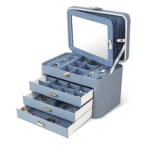 KAMIER Jewelry Boxes for Women, 4 Layer Jewelry Organizer with Mirror, 3 Drawers, Large Jewelry Box for Bracelets, Earrings, Rings, Necklaces, Mothers Day Gifts for Loved One, Bluish Grey - Image 1