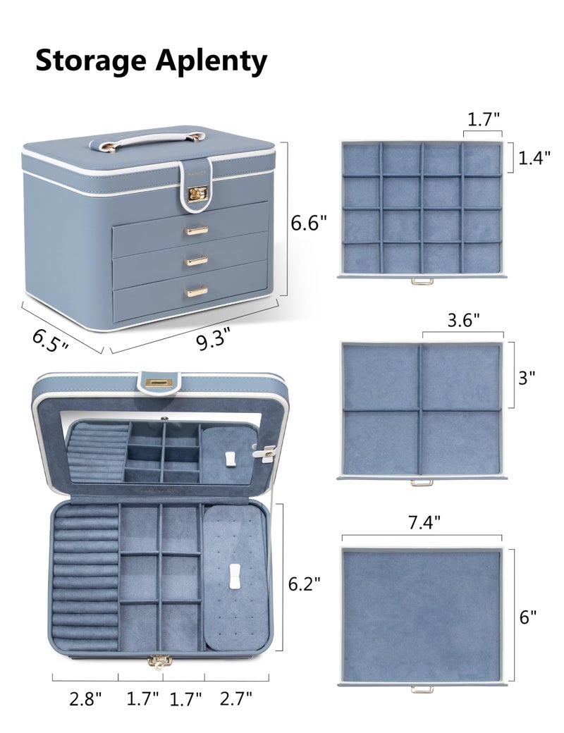 KAMIER Jewelry Boxes for Women, 4 Layer Jewelry Organizer with Mirror, 3 Drawers, Large Jewelry Box for Bracelets, Earrings, Rings, Necklaces, Mothers Day Gifts for Loved One, Bluish Grey - Image 5