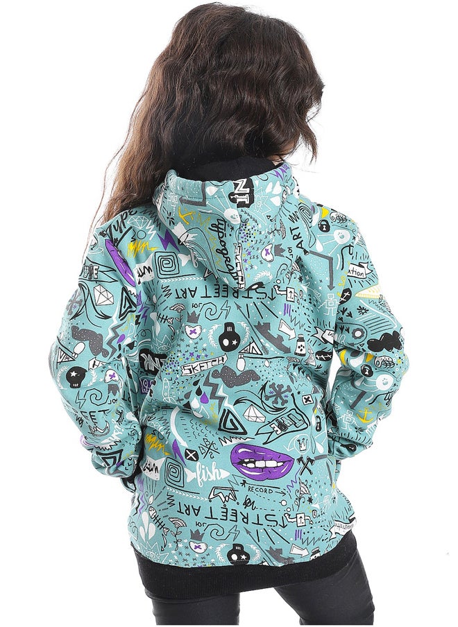 Andora - Mint Green Printed Cotton Hoodie_Green - Image 1