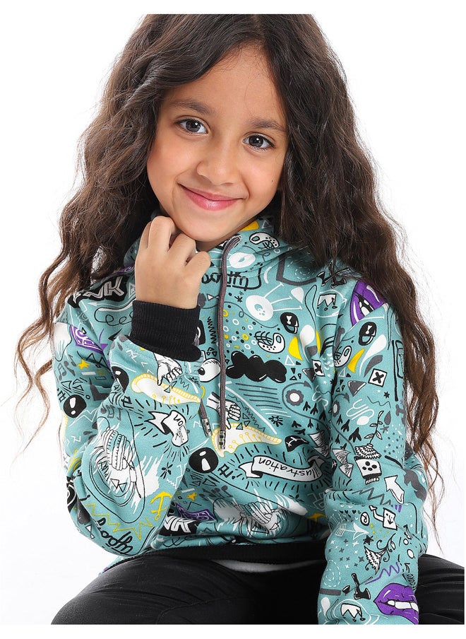 Andora - Mint Green Printed Cotton Hoodie_Green - Image 1