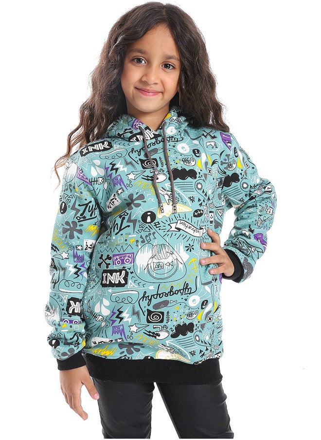 Andora - Mint Green Printed Cotton Hoodie_Green - Image 1
