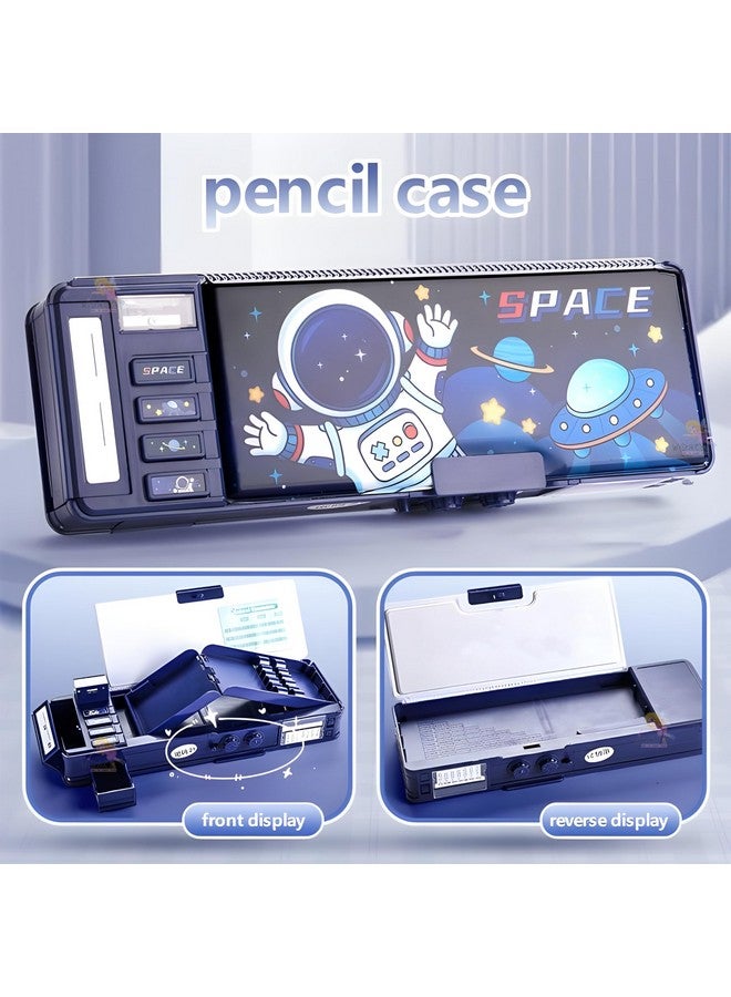 ويش كي صندوق أقلام رصاص بتصميم فضائي من ويشكي للأطفال، صندوق أقلام رصاص مزدوج الجوانب مع قفل مغناطيسي، حافظة متعددة الوظائف مع حامل أقلام رصاص، مبراة مدمجة، حجرات تخزين للممحاة (عبوة من قطعة واحدة، أزرق) - Image 5
