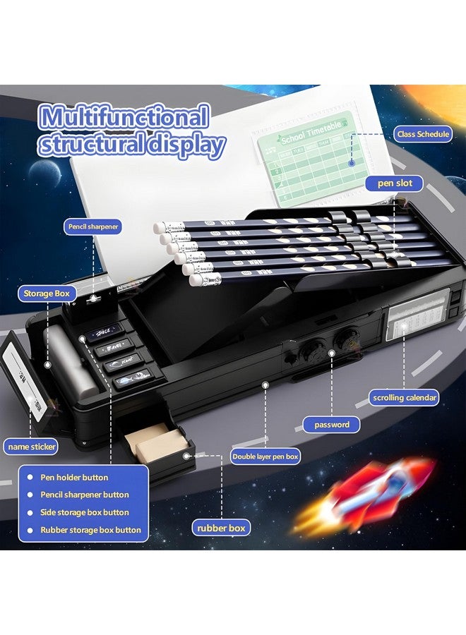 ويش كي صندوق أقلام رصاص بتصميم فضائي من ويشكي للأطفال، صندوق أقلام رصاص مزدوج الجوانب مع قفل مغناطيسي، حافظة متعددة الوظائف مع حامل أقلام رصاص، مبراة مدمجة، حجرات تخزين للممحاة (عبوة من قطعة واحدة، أزرق) - Image 3