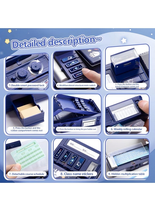 ويش كي صندوق أقلام رصاص بتصميم فضائي من ويشكي للأطفال، صندوق أقلام رصاص مزدوج الجوانب مع قفل مغناطيسي، حافظة متعددة الوظائف مع حامل أقلام رصاص، مبراة مدمجة، حجرات تخزين للممحاة (عبوة من قطعة واحدة، أزرق) - Image 4