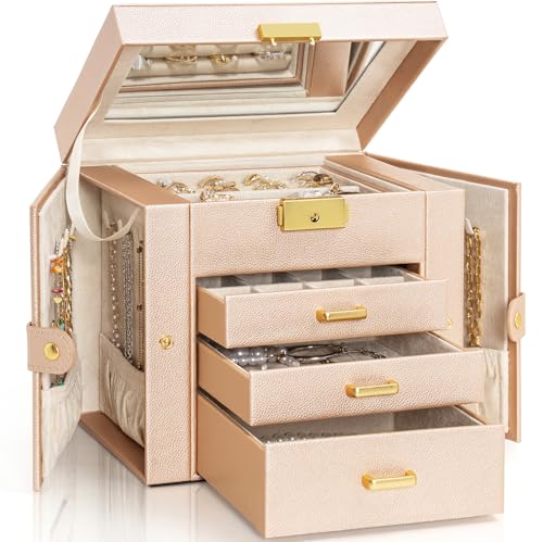 AKOZLIN 4Tier Jewelry Box Leather Jewelry Storage Organizer with 3 Drawers Lockable for Women Girls Ring Necklace Earring Bracelet Holder with Mirror Champagne - Image 1