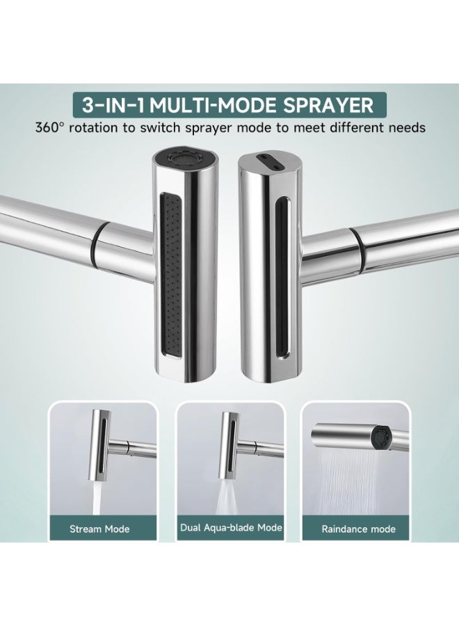 Eesyy Waterfall Kitchen Faucet, Single Handle High Arc Sink Faucet with 3-Function Sprayer, Stainless Steel 360° Swivel Kitchen Faucet, Silver - Image 3