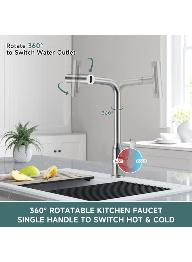 Eesyy Waterfall Kitchen Faucet, Single Handle High Arc Sink Faucet with 3-Function Sprayer, Stainless Steel 360° Swivel Kitchen Faucet, Silver - Image 4
