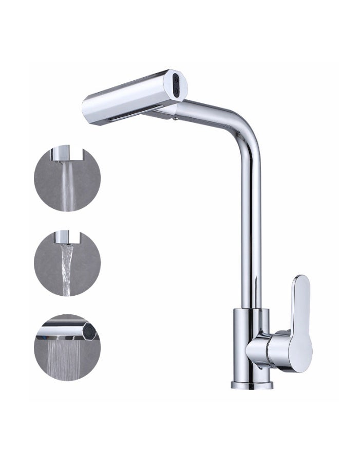 Eesyy Waterfall Kitchen Faucet, Single Handle High Arc Sink Faucet with 3-Function Sprayer, Stainless Steel 360° Swivel Kitchen Faucet, Silver - Image 1