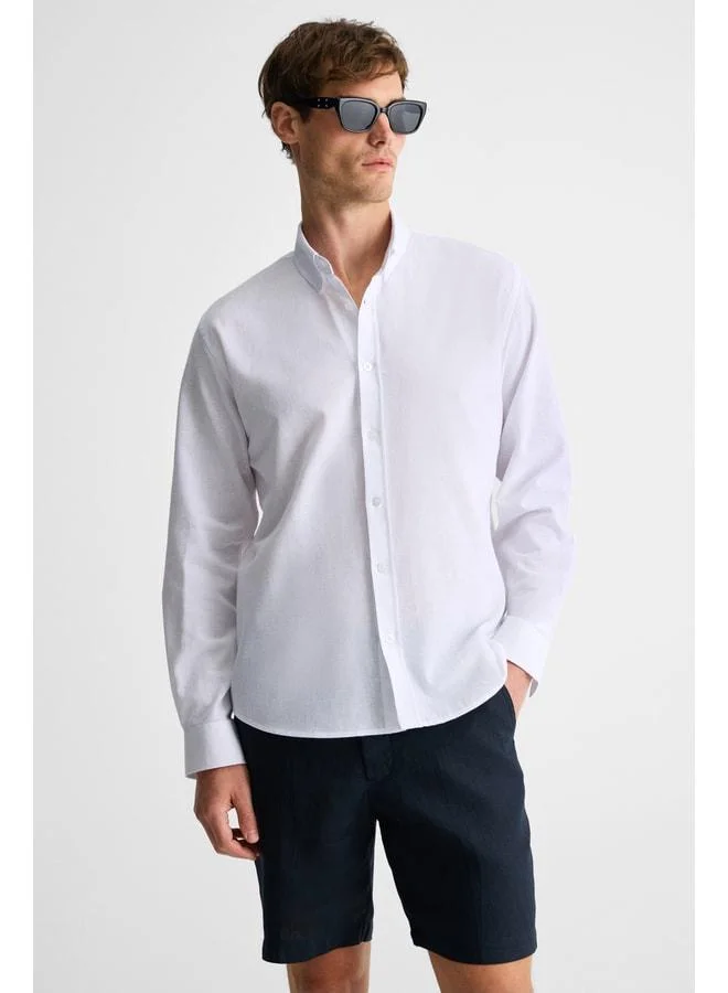 GRIMELANGE Lasse Men's Shirt with Collar and Cuffs, Long Sleeve, Regular Fit, Linen Blend, White Shirt.