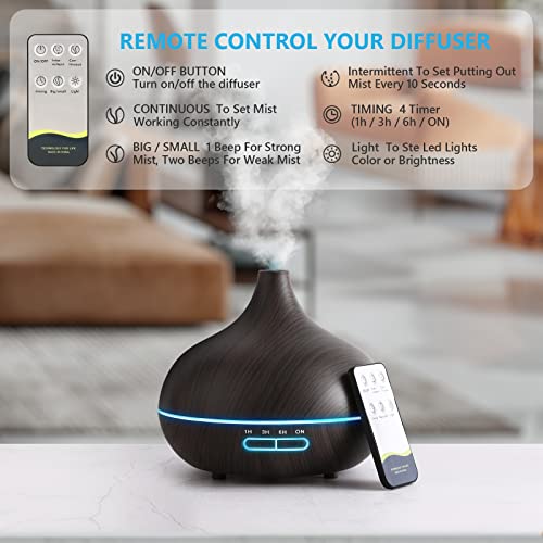 SACATR Polypropylene (PP) Diffusers For Essential Oils Large Room, 550Ml Essential Oil Diffusers With Remote Control, Ultrasonic Oil Diffuser With Timer, 7 Colors Light For Bedroom - Image 2