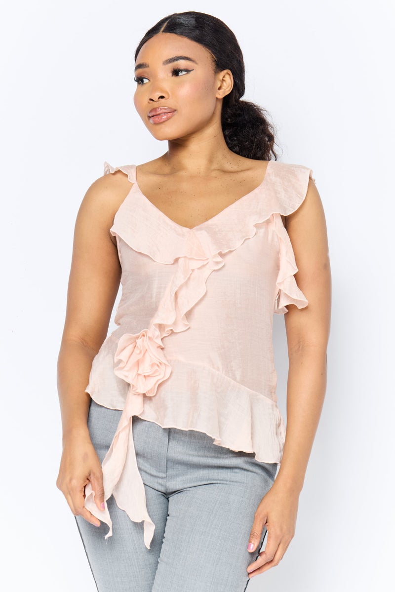 Reserved Women V-Neck Ruffle Sleeve Solid Top, Pastel Pink - Image 1