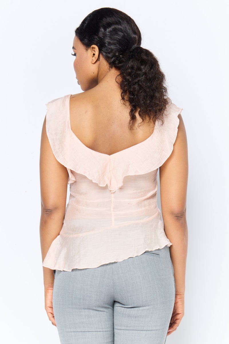 Reserved Women V-Neck Ruffle Sleeve Solid Top, Pastel Pink - Image 3