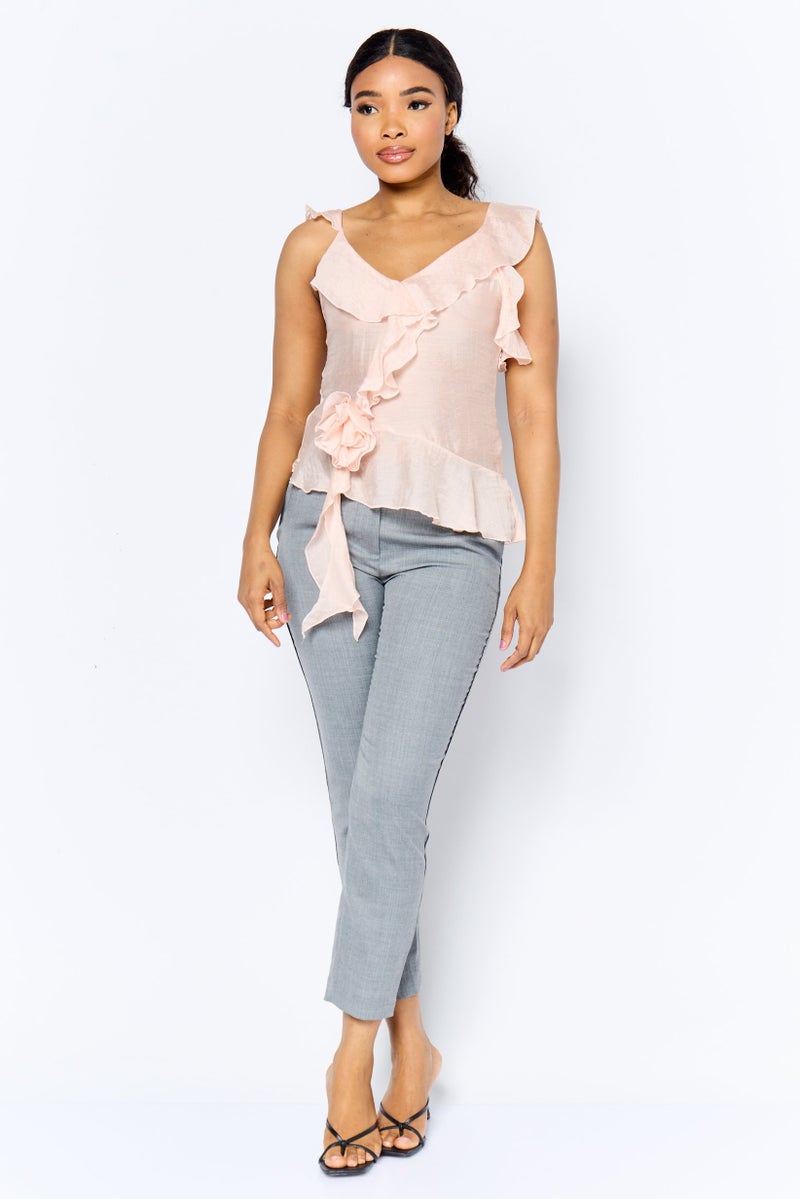 Reserved Women V-Neck Ruffle Sleeve Solid Top, Pastel Pink - Image 4