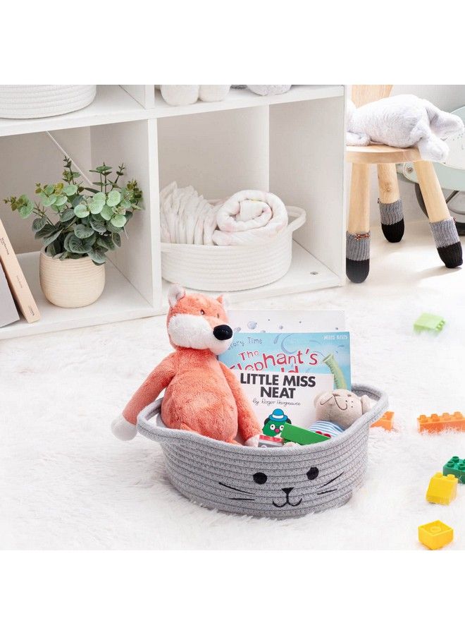 HiChen Small Woven Rope Storage Basket Cute Cat Toy Basket For Living Room Baby Basket For Nursery Gift Basket Empty For Baby Shower Grey 9.8 X 4 Inches - Image 3