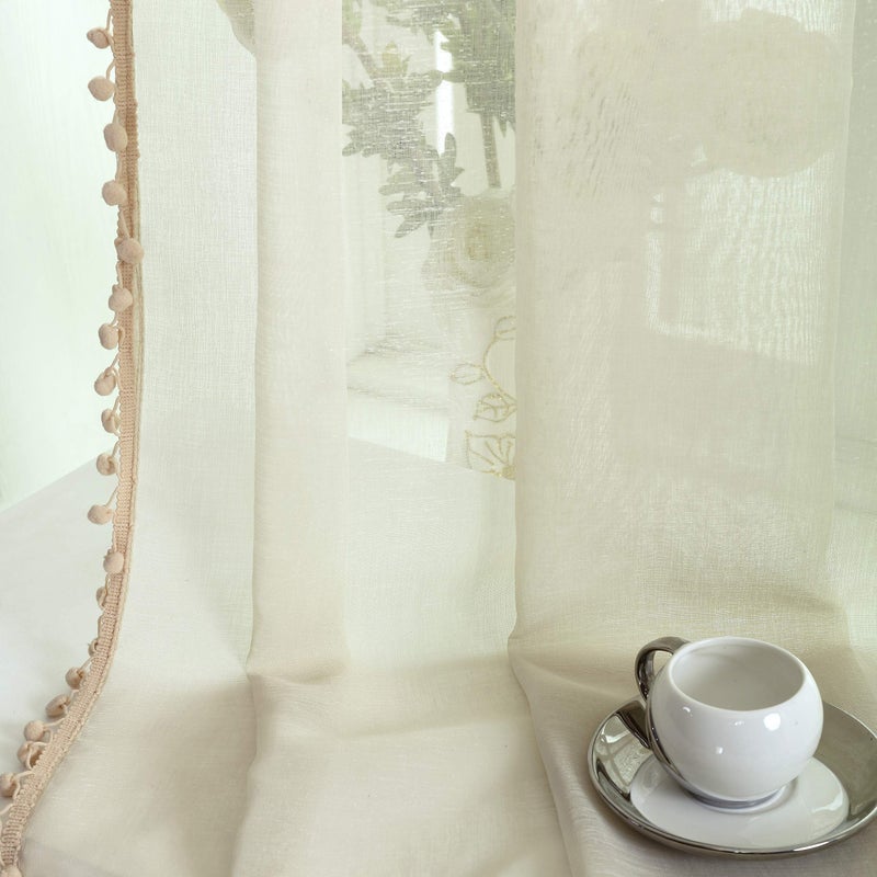 MISS SELECTEX Linen Look Pom Pom Tasseled Sheer Curtains - Rod Pocket Voile Semi-Sheer Curtains for Living and Bedroom  Set of 2 Curtain Panels (52 x 72 inch  Nature) - Image 4