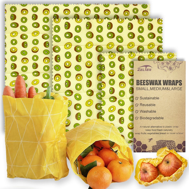 Zelten Beeswax Reusable Food Wraps - (3 Packs, 3 Sizes S,M,L) Plastic and Silicone Free, Eco-friendly Wrap, Wax Paper for Food,Kiwi Fruit - Image 1